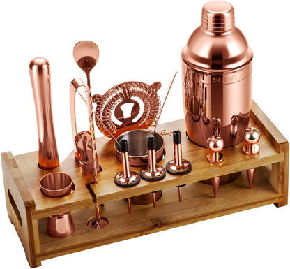 Rose Copper 24-Piece Cocktail Shaker Set,Perfect Home Bartending Kit for Drink Mixing,Stainless Steel Bar Tools with Stand,Velvet Carry Bag & Recipes Included